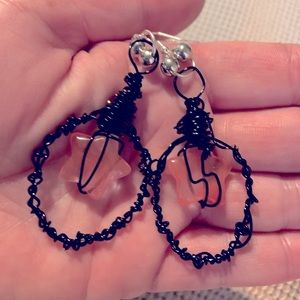 Pink stone star shape wire wrapped earrings